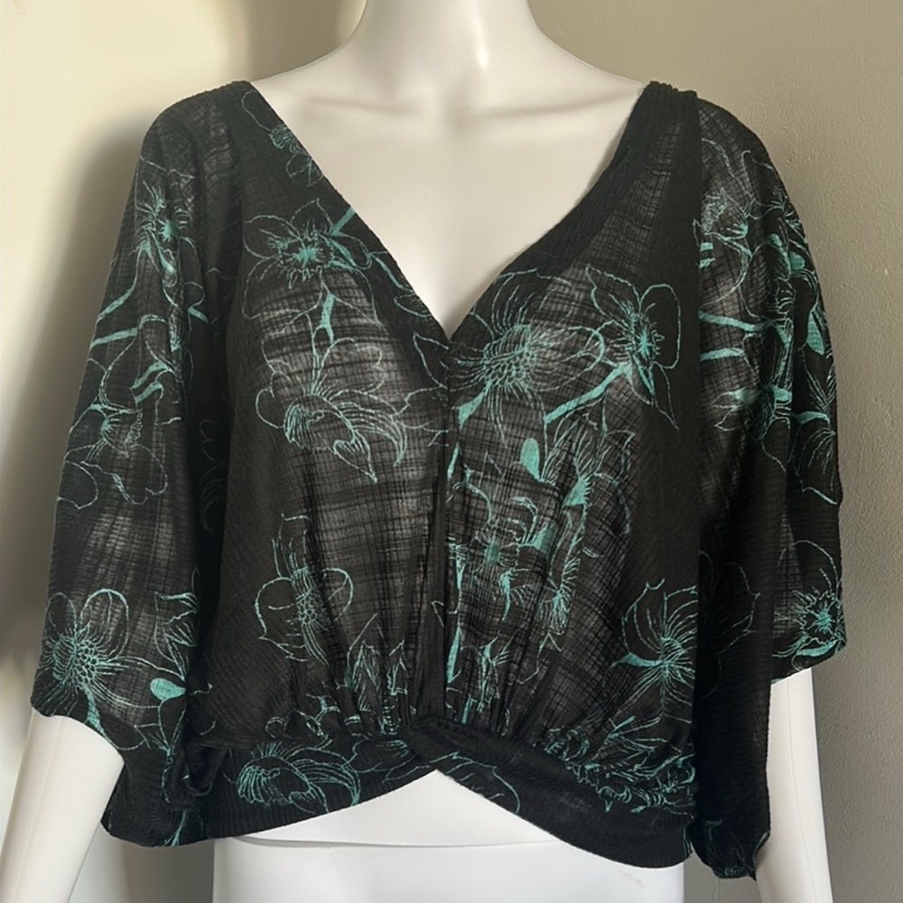 Free People Black and Teal Floral Blouse